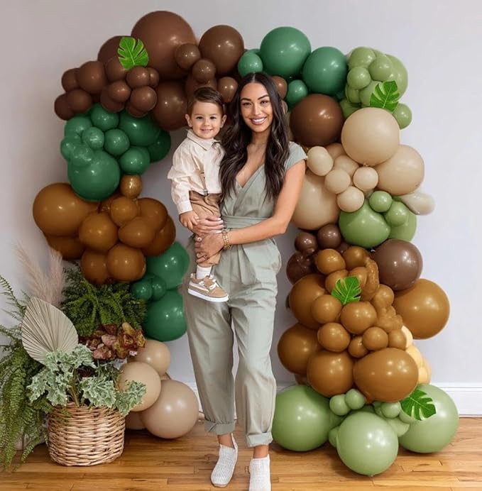 Dark Green Brown Balloon Arch Kit Double Stuffed Sage Green Nude Tan Apricot Balloon Garland with Palm Leaves for Baby Shower Safari Dinosaur Birthday Party Decoration