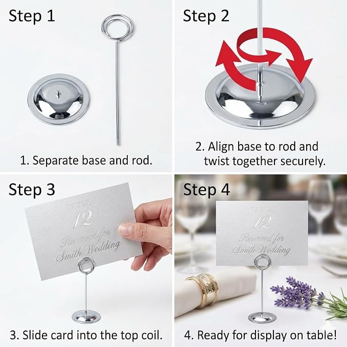 HOHIYA 12 Pack Silver Table Number Holders 12" Wedding Place Card Stands | Modern silver stands display table numbers, menus, photos and event cards for receptions, hotels and business events.