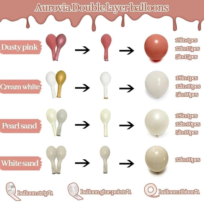 Dusty Pink Balloon Garland Double Stuffed Mauve Pink Balloons Pearl White Sand Balloon Arch Kit for Bridal Shower Birthday Wedding Valentine's Day Party Decorations