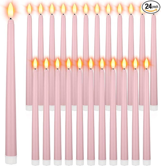 Macarrie 24 Packs Flameless Taper Candles Battery Operated Fake 11 Inch Long Candlelight LED Flameless Candlesticks Flickering Tapered for Summer Fall Wedding(Pink)