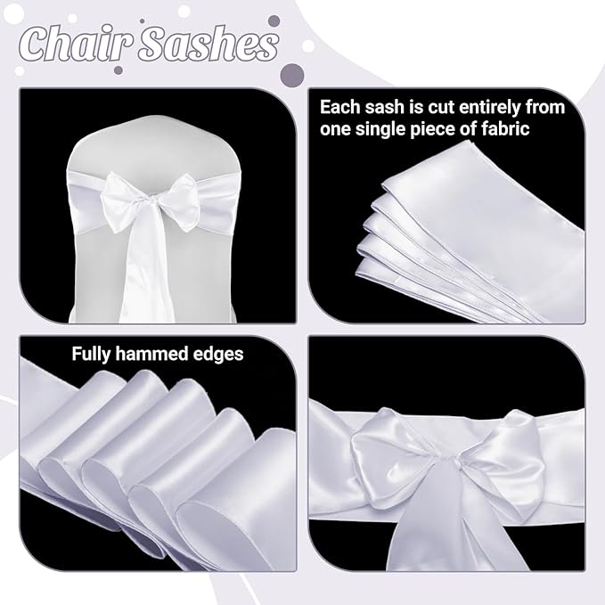 MDS Satin Chair Sashes, 200 Pack, 7”x108” Each, Decorative Chair Bows Ribbon Tie Backs for Wedding Party, Holiday Dinner, Birthday, Reception, Banquet, Hotel & Event Decoration - White