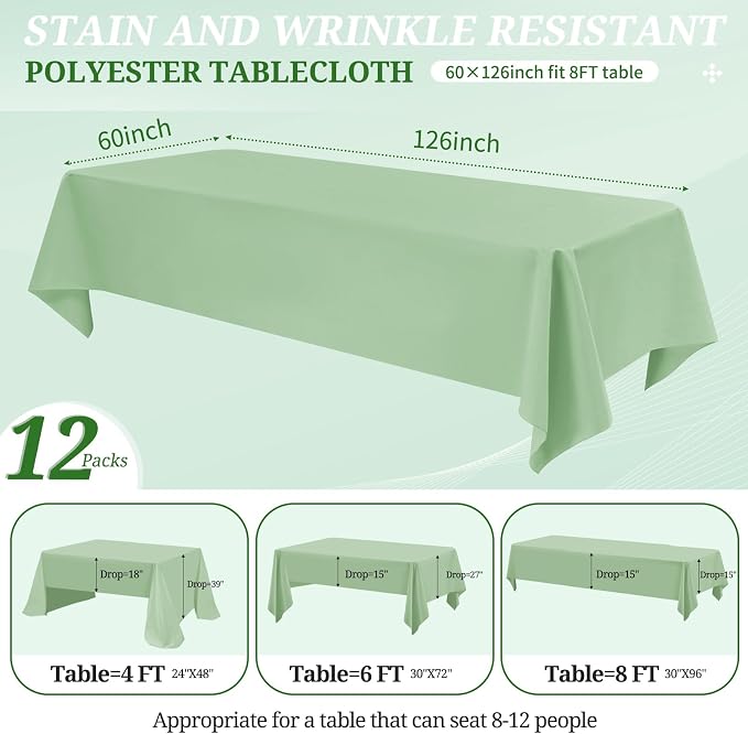 12 Pack Sage Green Tablecloths for Rectangle Tables 60 x 126 Inch Sage Green Polyester Tablecloth 8 Foot Rectangle Table Cloth Washable Fabric Table Cover for Party Wedding Banquet Restaurant Events