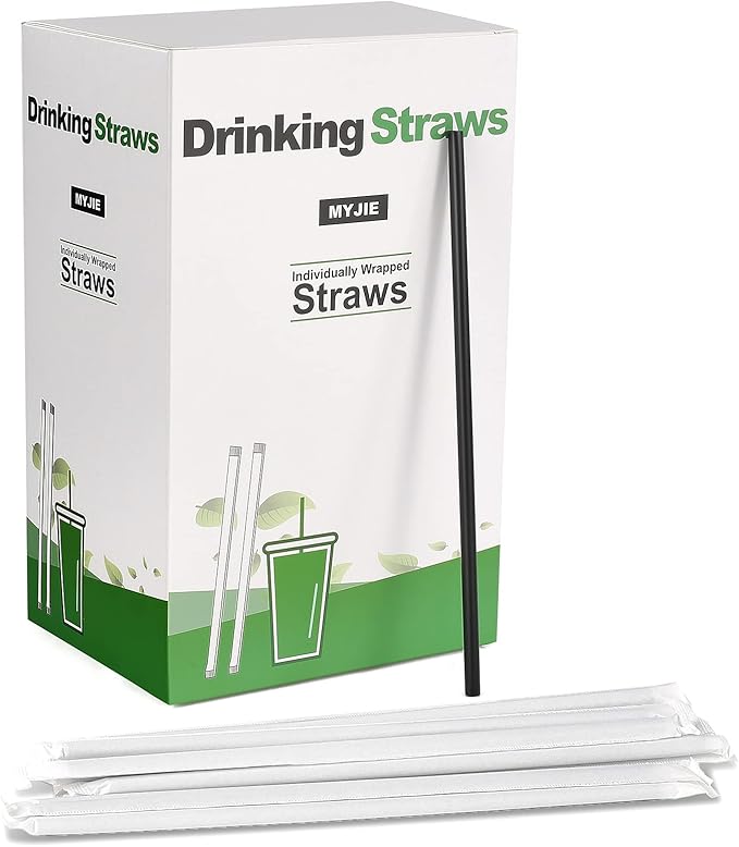 [300 Pcs] Biodegradable Compostable Individually Wrapped Straws - PLA Disposable Plant Based Black Straws (8.25" LongX0.23" Wide)