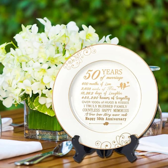 Urllinz 50th Anniversary Plate with 24k Gold Foil - 50 Year Anniversary Wedding Gifts for Couples Parents, Happy Marriage Decorations for Him Her, Ceramic 9"
