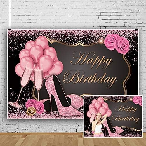 Rose Gold Glitter Happy Birthday Backdrop,Yeele 9x6ft Sweet Pink Balloons Sequin High Heels Champagne Flower Birthday Photography Background for Women Girl Party Supplies Cake Table Decoration Banner