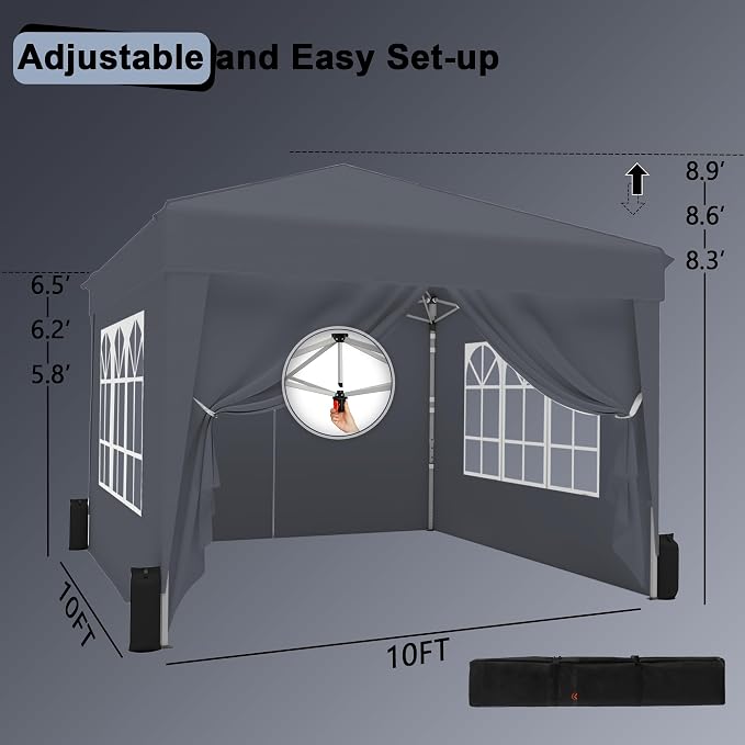 SANWAY 10x10 Pop Up Canopy with Sidewalls x 4 – Easy Setup Canopy Tent, Waterproof, UV-Resistant, Portable with Carry Bag for Outdoor Events, Camping, and Backyard Parties – Dark Gary