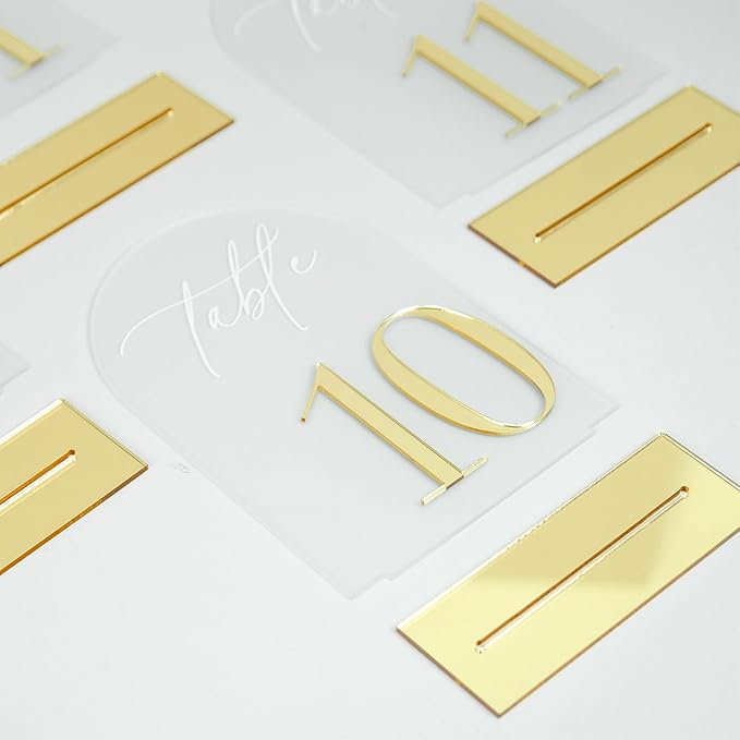 HOODO Frosted Arch Acrylic Wedding Table Numbers 1-15 with Stands, 5"x7" Arched Acrylic Signs with 3D Gold Numbers, Frosted 3D Table Numbers for Wedding Reception