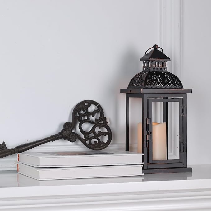 No Glass Lanterns Decorative Indoor & Outdoor, 15'' Candle Lantern Decorative Christmas Indoor Outdoor Decor, Vintage Metal Hanging Lanterns with LED Candle for Patio, Front Porch,Yard, Table