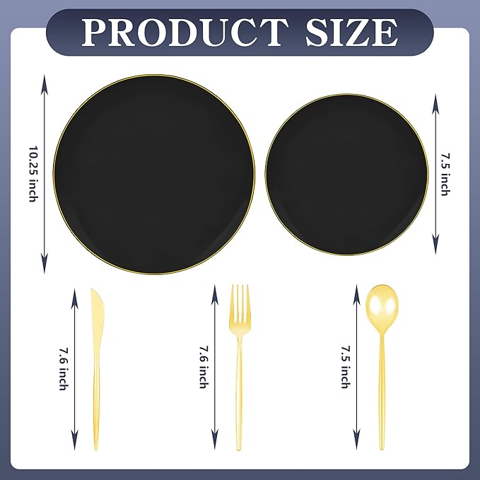 I00000 150Pcs Black Plastic Plates, Black Disposable Plates, Heavy Duty black plates for 30 Guests,Plastic Dinnerware Set Include 30 Dinner Plate,30 Dessert Plate,90 Gold Cutlery Set for Party