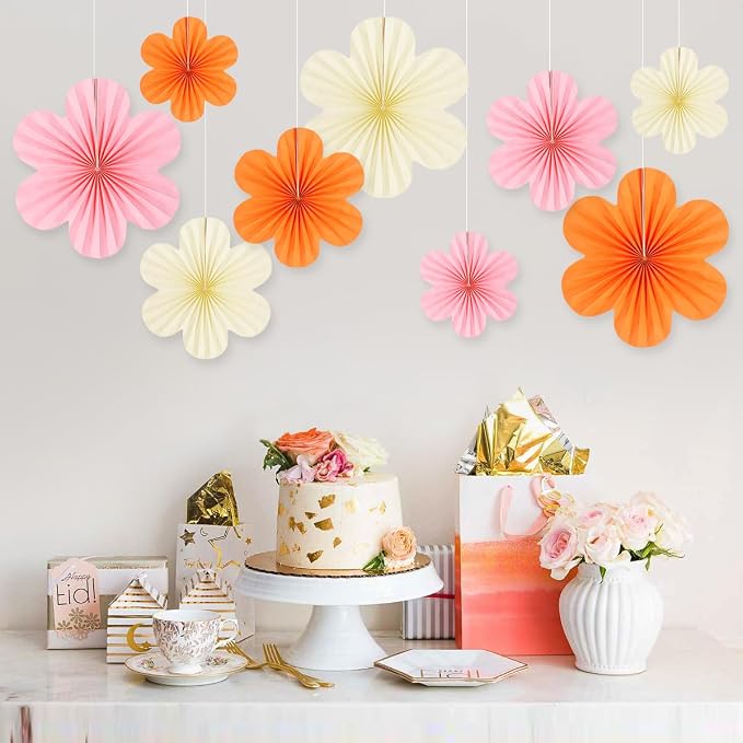 DODOKIM Paper Fans Party Decorations Paper Flowers Decorations for Wall Floral Backdrop Classroom Baby Shower Birthday Party Flower Wall Decor Pack of 9 Pink Orange Ivory