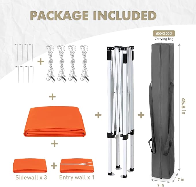 EAGLE PEAK 5x5 Instant Canopy with 4-Side Wall Panels, Small Pop up Portable Canopy Tent with Carry Bag, Light Weight Sun Shelter for Sports, Camping and Beach, Orange