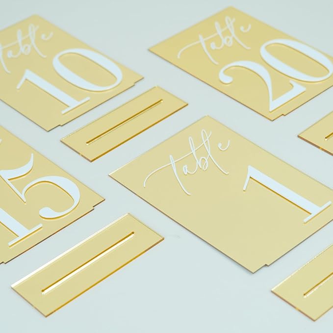Acrylic Wedding Table Numbers 1-10 with Stands, 5"x7" Gold Mirror Acrylic Signs with 3D White Numbers, Gold Mirror Table Numbers for Wedding Reception, Anniversary, Event