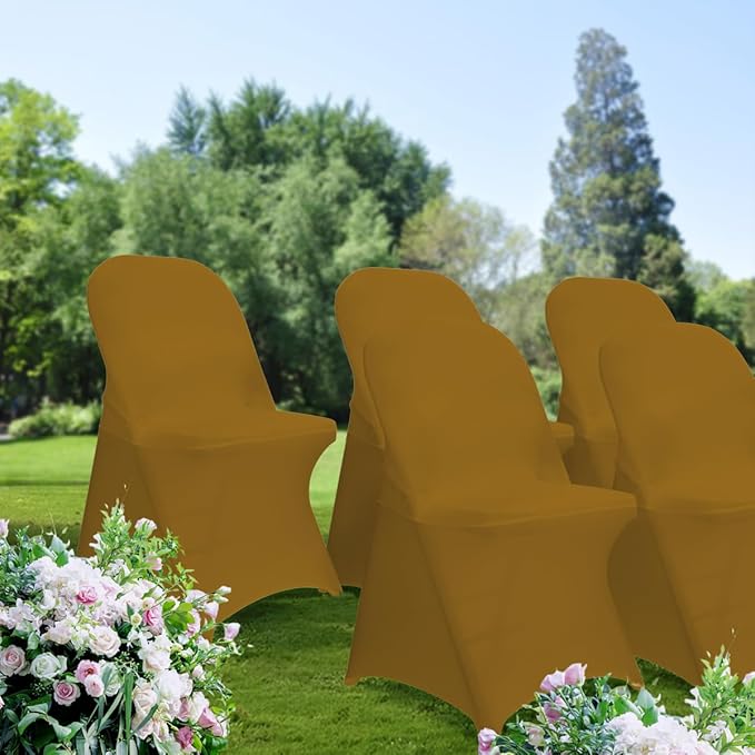 Babenest Spandex Folding Chair Covers Upgraded 10 PCS Universal Stretch Washable Fitted Chair Slipcovers Protector for Wedding, Holidays, Banquet, Party, Celebration (Gold)