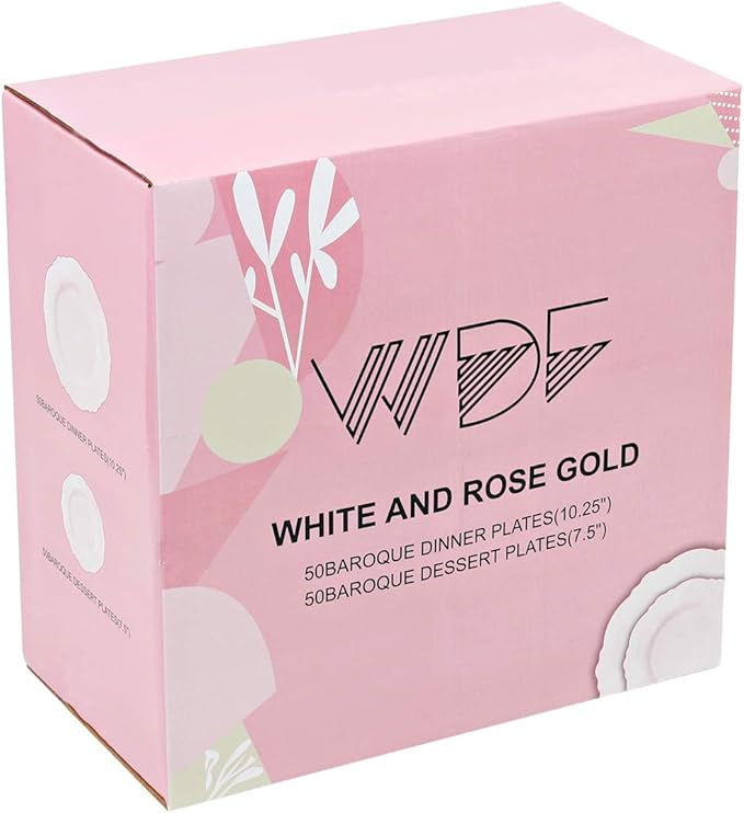 WDF 100pcs Rose Gold Plastic Plates-Baroque White &Rose Gold Disposable Plates including 50Plastic Dinner Plates 10.25inch,50Salad Plates 7.5inch for Wedding/Parties/Mother's Day