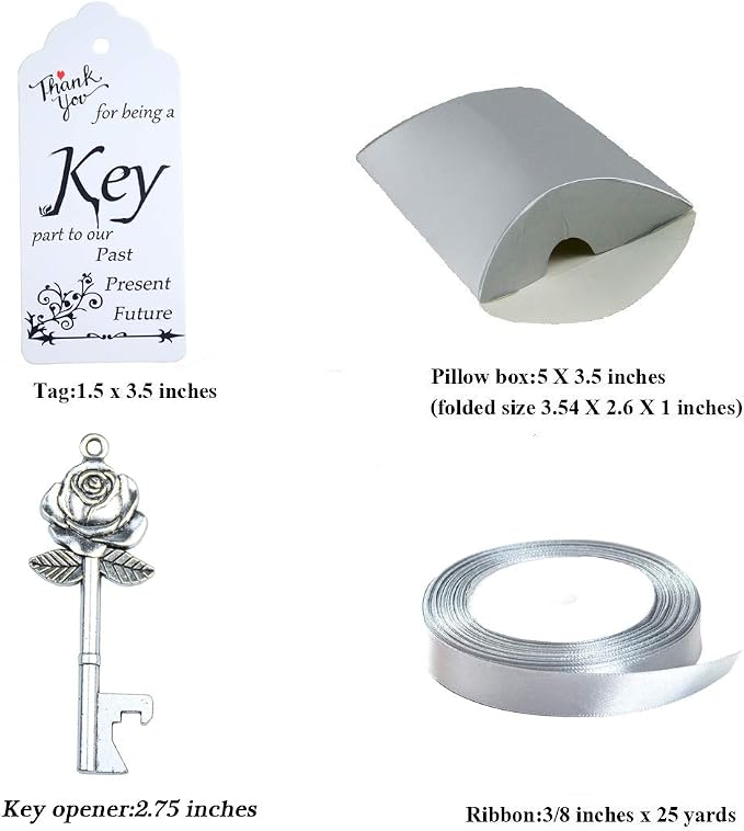 50 Set Skeleton Rose Key Bottle Openers with Candy Box In Antique Vintage Style Escort Tags French Ribbon As A Gift Souvenir At Wedding Party Supplies (Antique Silver)