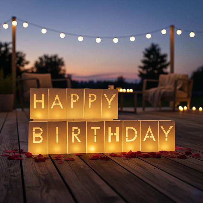 Happy Birthday Decorations for Women and Men - Surprise Set with Light Up Letters Sign Luminary Paper Bags, 30 LED Tea Light Candles, Red Heart Balloons, 1000 Red & Pink Artificial Rose Petals