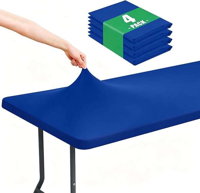 Moosfor Spandex Rectangle Table Cloth 4 Pack, Elastic Fitted Tablecloths for Picnic, Stretch Washable Patio Table Cover for Outdoor, Camping, Banquet and Parties (Blue, 36"x96")