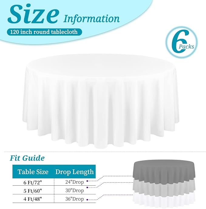 YMHPRIDE 6 Pack White Tablecloths - 120 Inch Polyester Round Table Covers, Washable Fabric for Wedding, Party, Dining, Banquet