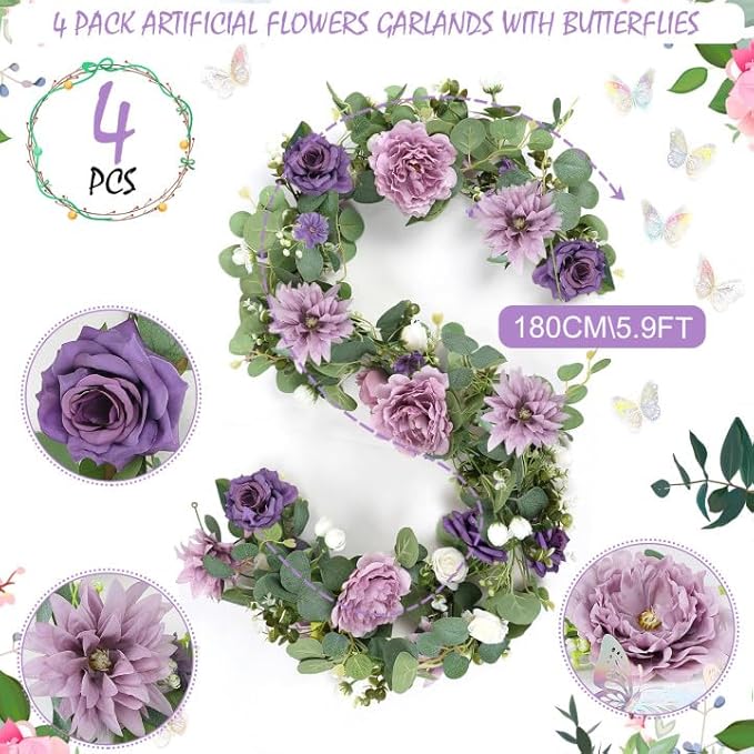 4 Pack 5.9 FT Artificial Flower Garland with Butterflies Fake Rose Garland Faux Greenery Eucalyptus Garlands for Wedding Table Backdrop Arch Centerpieces Decorations - Light Purple & Purple
