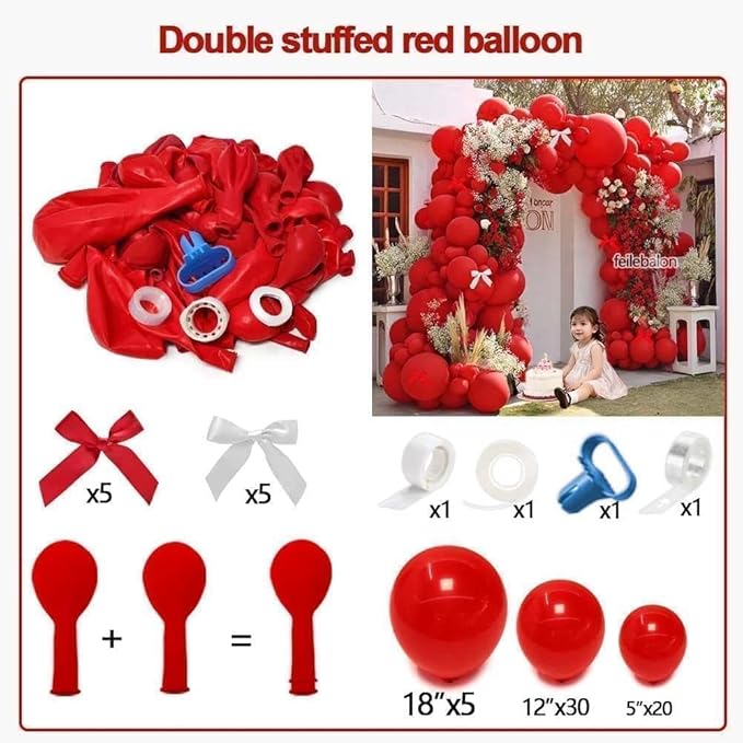Double Stuffed Red Balloon with Bow, Matte Ruby Red Latex Balloon Arch Garland Kit in Different Sizes 5/12/18 in for Birthday Wedding Baby Shower Mothers Anniversary Bridal Shower Party Decorations