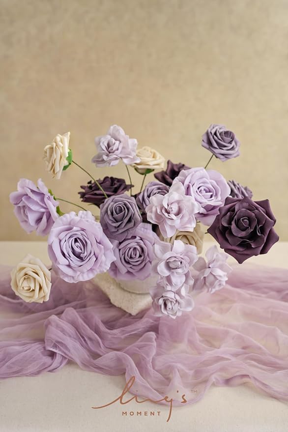 Ling's moment Artificial Flowers Fake Silk Roses Faux Foam Gardenia Combo for DIY Wedding Bouquets Centerpieces Arrangements Bridal Shower Party Home Decorations, Purple & Pale Lavender, 23pcs