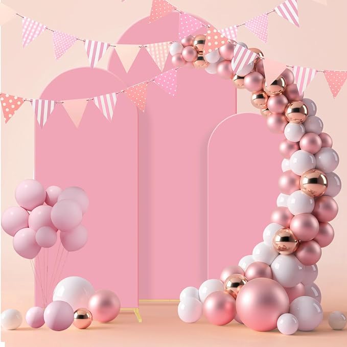Gawicpy Wedding Arch Backdrop Stand Set Metal Arch Backdrop Stand with Wedding Arch Cover, Wedding Balloon Arch Backdrop Stand for Birthday, Baby Shower, Anniversary (Pink, 4FT+5FT+6FT)