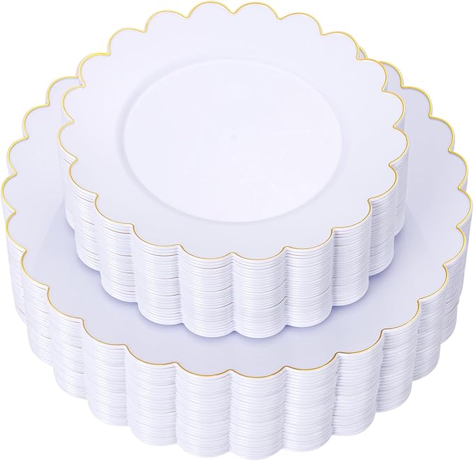LIYH 60 Pcs White Plastic Plates with Gold Rim, Scalloped Disposable Combo Heavy-Duty Patriotic Plates Includes 30 Dessert Platos & 30 Dinner Platos for Birthday Wedding Party