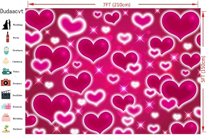 Dudaacvt 7X5FT Pink Heart Photo Backdrop 90s Backdrops for Photoshoot Valentine's Day Backdrop Women Men Happy Birthday Photography Background Banner Photo Booth Studio Props D765