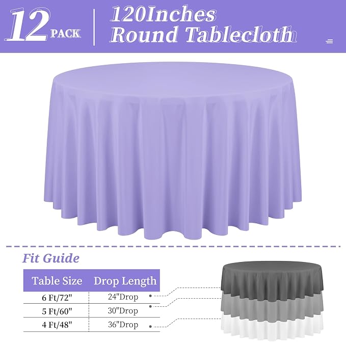 12 Pack Round Tablecloth 120 Inch - Lavender Polyester TableCloth for Round Table, Premium Lavender Tableclothes Washable Fabric Table Cover for Wedding Party Banquet Restaurant Reception Dining