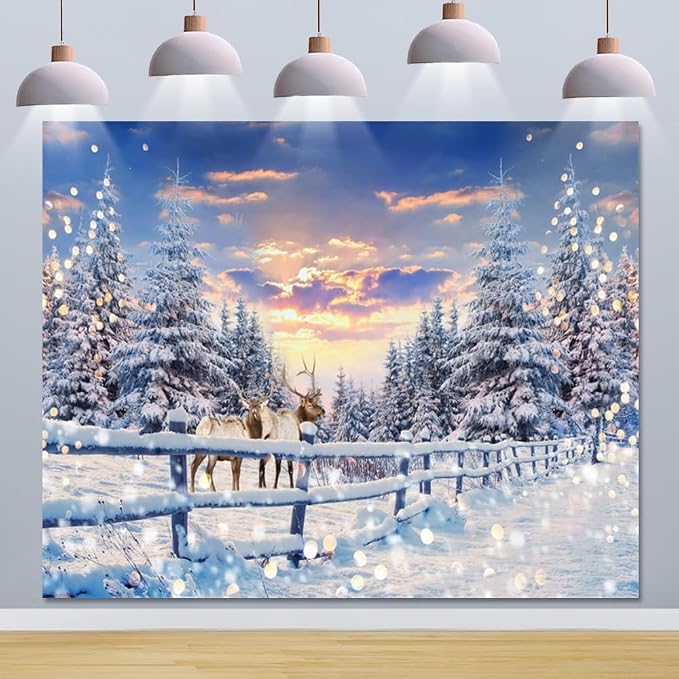 Winter Wonderland Christmas Backdrop 10x8ft for Photography Forest Reindeer Snow Winter Scene Backdrop for Pictures Christmas Party Holiday Background Decorations Photo Booth