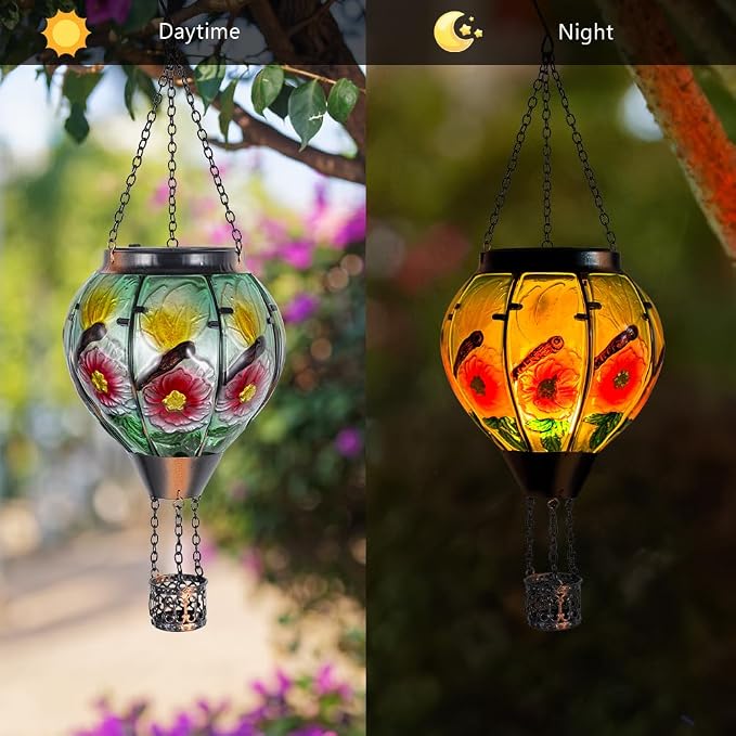 STARSOUL Dragonfly Solar Hot Air Balloon Lantern with Flickering Flame, Hanging Solar Lantern Outdoor Waterproof, Hot Air Balloon Solar Light Decorations for Garden Yard Lawn Porch Porch Backyard