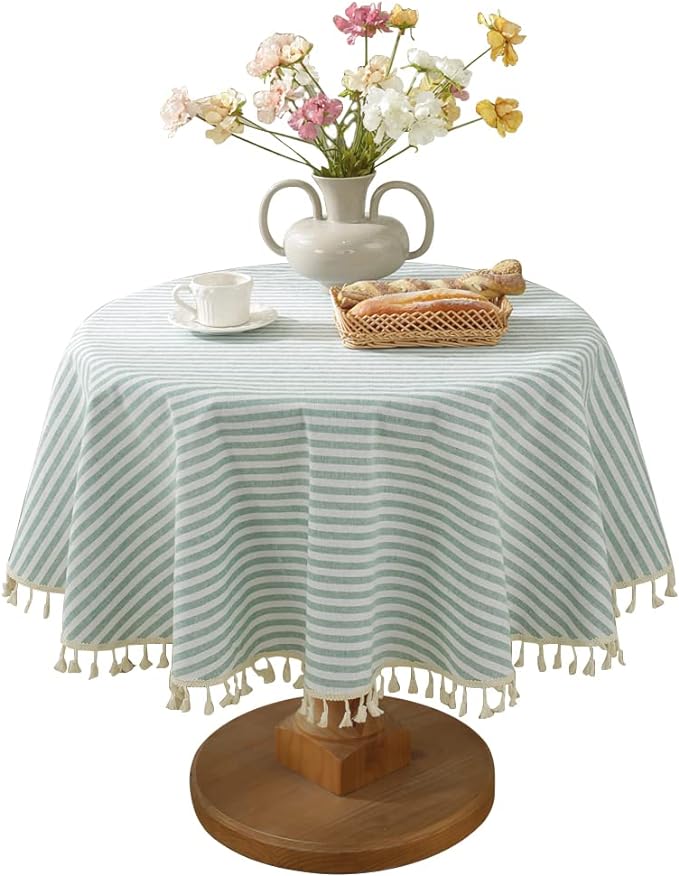 meioro Round Tablecloths Striped Tablecloth Cotton Blend Table Cloth Washable Tabletop Decorative Fabric Table Cover for Kitchen Dinning (Green, Round 39 Inch)