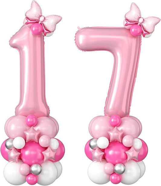 Pink Number 17 Balloons 40 Inch Pastel Pink 17th Birthday Party Decorations Baby Hot Pink White Number 71 Foil Balloon Tower with Bows Giant Large Digit Helium Balloon for Girls Women 71st Anniversary