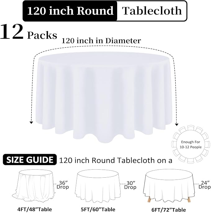 12 Pack White Round Tablecloth 120 Inch White Table Cloth Stain and Wrinkle Resistant Reusable and Washable Polyester Fabric Table Covers for Buffet Wedding Party and Banquet