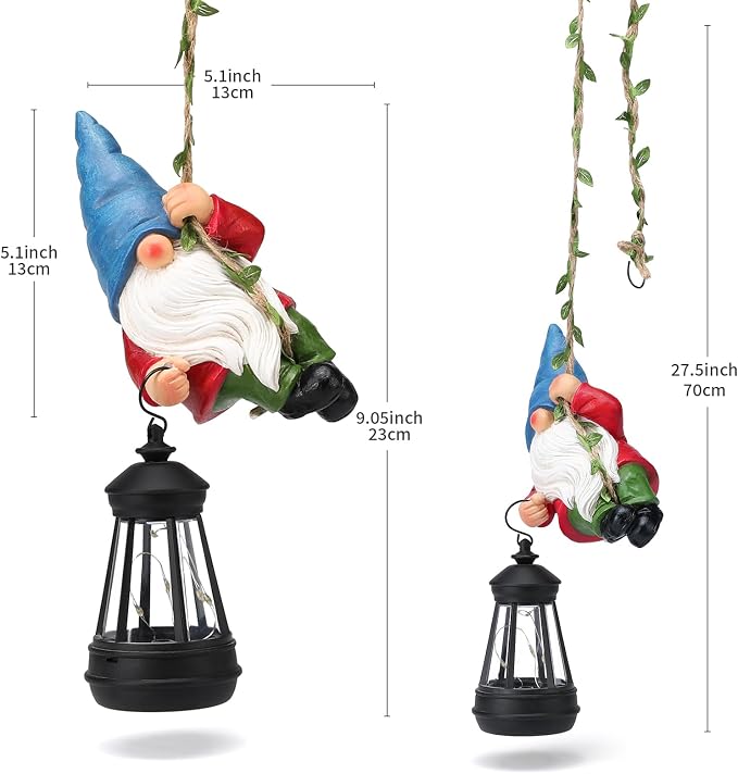 Solar Hanging Gnome Garden Statues Climbing Rope Gnome with LED Lantern Summer Outdoor Decor Tree Hugger Yard Porch Wall Fence Decoration Mother's Day Birthday Gifts for Mom Women