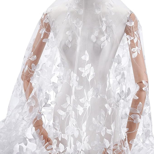 MAYJOYDIY 2 Yards White Leaves Mesh Lace Fabric 68inch/175cm Floral Leaf Embroidered Lace Trim Fabrics Wedding Accessories Tulle for DIY Wedding Dresses Half Skirt Dress Curtains Background