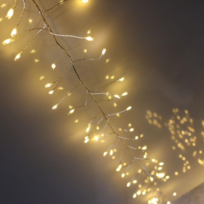 QBIS 400 LED Cluster Lights on Silver Wire. Warm White Fairy Lights Plug in, 16.5ft Christmas Lights for Christmas Tree and Fireplace Mantel. Indoor Outdoor Firecracker Light String.