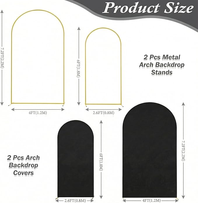 Arttown Arch Backdrop Stand and Cover Set 7.2FT and 6FT Wedding Arch Backdrop Stands and Matching Black Cover Set Suitable for Wedding Celebration Birthday Party Graduation Ceremony Event Decoration