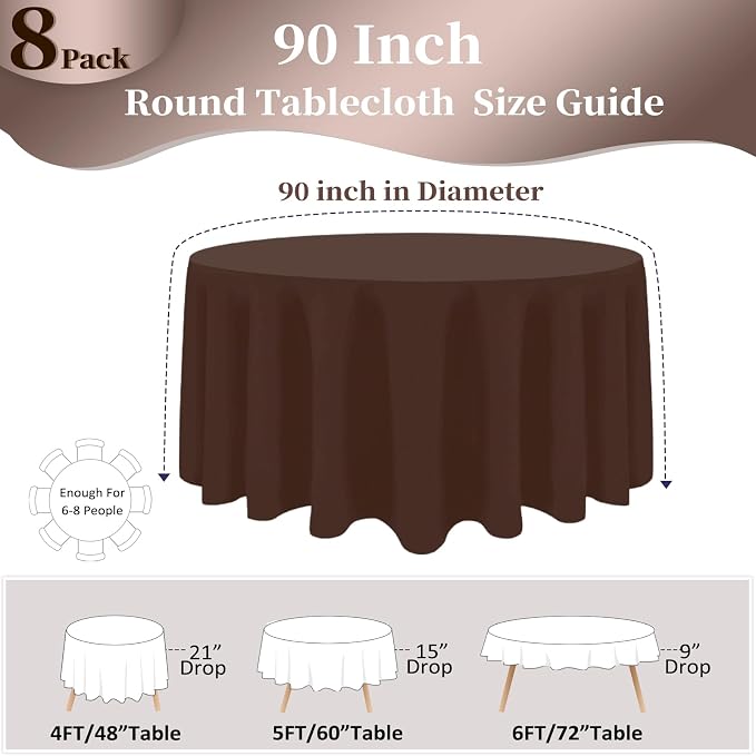 8 Pack Brown Round Tablecloth 90 Inch Round Table Cloth, Wrinkle Resistant and Washable Polyester Fabric Table Cloth Round Table Cover for Dining Wedding Banquet Party