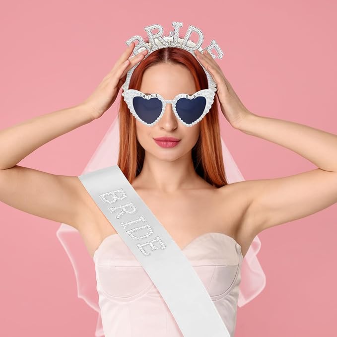 Cinrobiye 6 Pcs Bride to Be Gift Set, Bachelorette Party Accessories, Bridal Shower Veil Crown Sash Sunglasses Set, Bride to Be Tiara & Photo Booth Props Wedding Party Decorations
