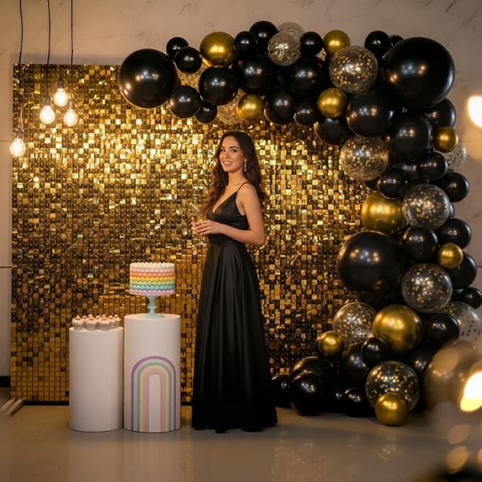 Gold Shimmer Wall Backdrop 48 Panels Cover 8 x 6 Ft, Photo Backdrops for Wedding,Anniversary,Birthday,Party Decoration