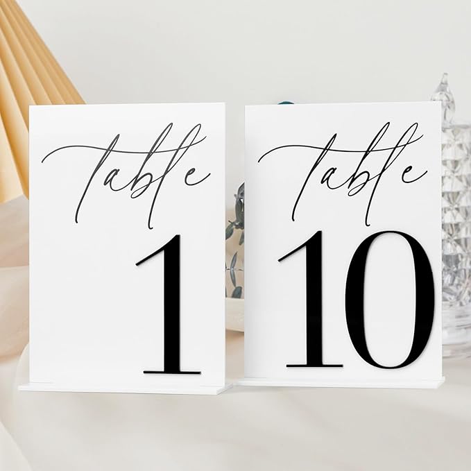 Acrylic Wedding Table Numbers 1-10 with Stands, 5"x7" White Acrylic Place Cards with 3D Black Numbers, White and Black 3D Table Numbers for Wedding Reception, Anniversary, Event