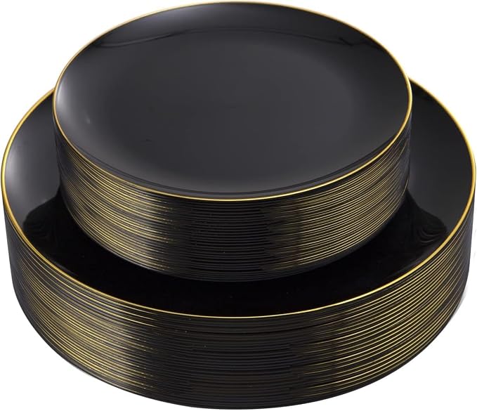 KIRE 60PCS Black Plastic Plates - Black Disposable Plates with Gold Rim - Include 30Pcs 10.25inch for Dinner and 30Pcs 7.5inch for Dessert for Wedding/Graduation/Party/Father's Day