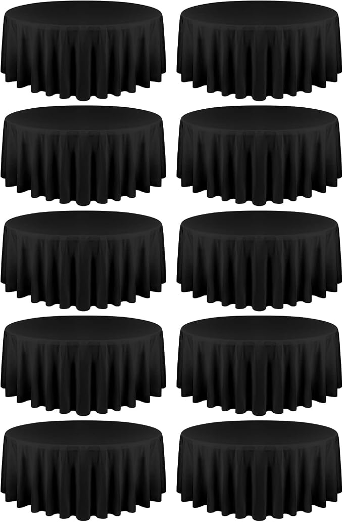 fani 10 Pack 108 Inch Round Tablecloth, Black Polyester Fabric Table Cloth for Round Table, Stain and Wrinkle Washable Table Cover for Wedding Party Dining Table Buffet Banquet Restaurant and Camping