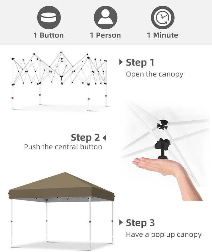 10x10 Pop Up Canopy with One Button Push Setup - Heavy Duty Outdoor Canopy Tent with Portable Roller Bag - 3 Adjustable Height, 4 Weight Bags, 8 Stakes & 4 Guy Ropes Included, Khaki
