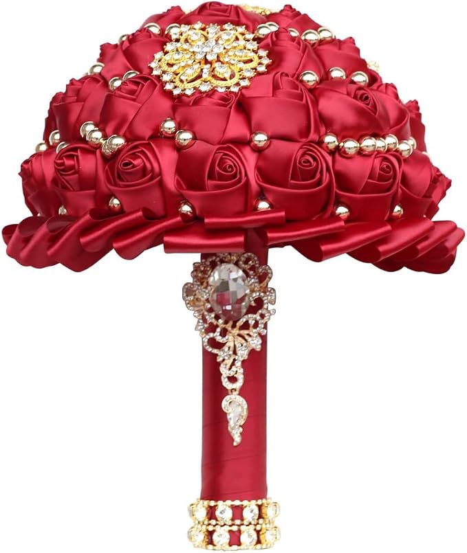 Burgundy Bridal Wedding Bouquet Luxury Gold Rhinestone Brooch Bouquet for Bride Bridesmaid Quinceanera Satin Rose Artificial Flower Bouquet Wedding Burgundy 8.3in