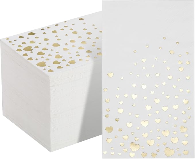 Stylish Gold Dinner Napkins, Disposable White and Gold Napkins, 100 Heart Napkins, 7.5 x 4.25 Inch Wedding Napkins for Reception, 3-Ply Gold Paper Dinner Napkins for Wedding Reception