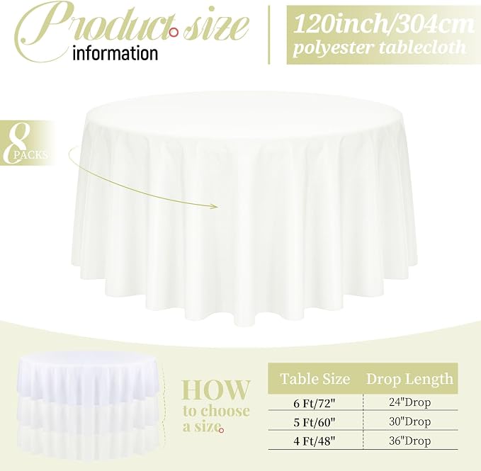 Pesonlook 8 Pack 120 Inch Ivory Round Table Cloths, Premium Polyester Round Tablecloth Wrinkle Resistant Washable Table Cover for Wedding, Party, Dining,Banquet,Buffet