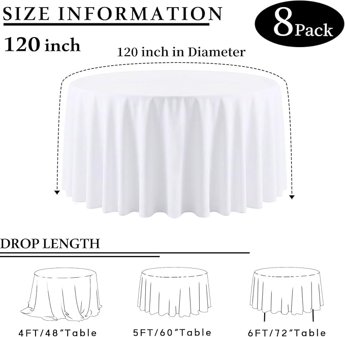 8 Packs 120 Inch White Round Tablecloth in Diameter, Washable Polyester Fabric Tablecloths, Wrinkle Resistant Table Cloth for Wedding Party Banquet Dining