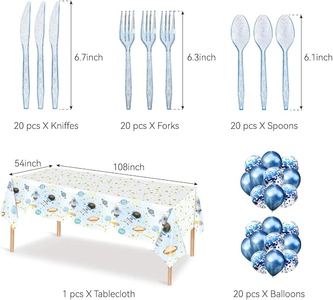 Space Themed Party Decorations,Space Party Decorations,Two The Moon Birthday-173pcs Space Supplies: Tableware & Decorations: Astronaut Plates,Cups,Napkins,Cutlery,Tablecloth,Banner,Balloons(20 Guests)